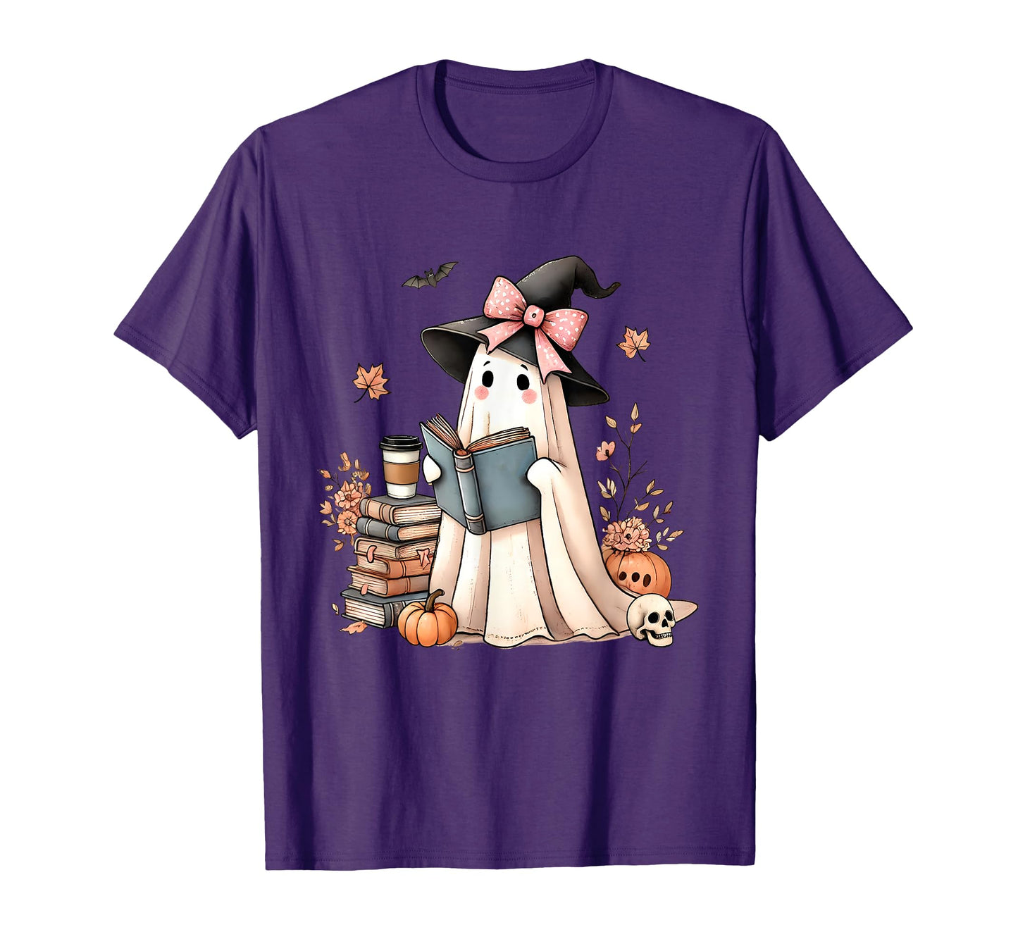 Cute Ghost Reading Book Lovers Halloween Ghost Coffee Women T-Shirt