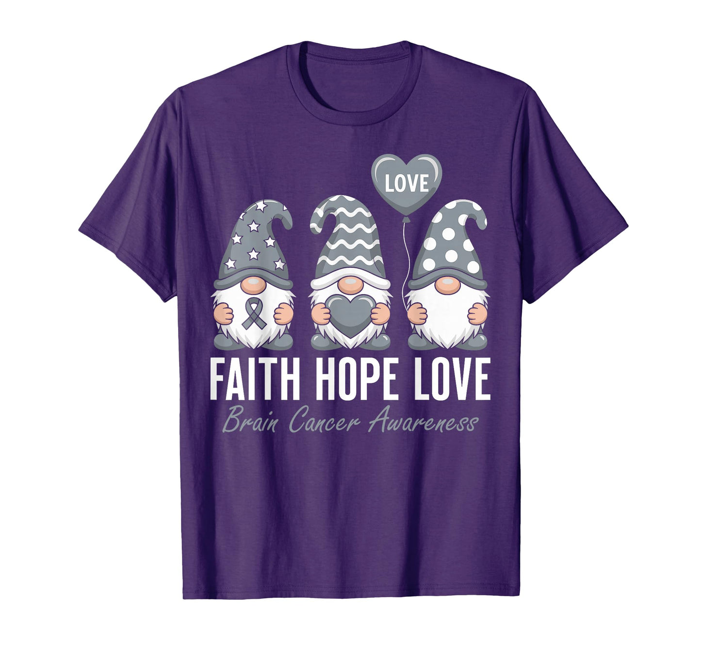 Faith Hope Love Brain Cancer Awareness Gray Ribbon Gnomes T-Shirt