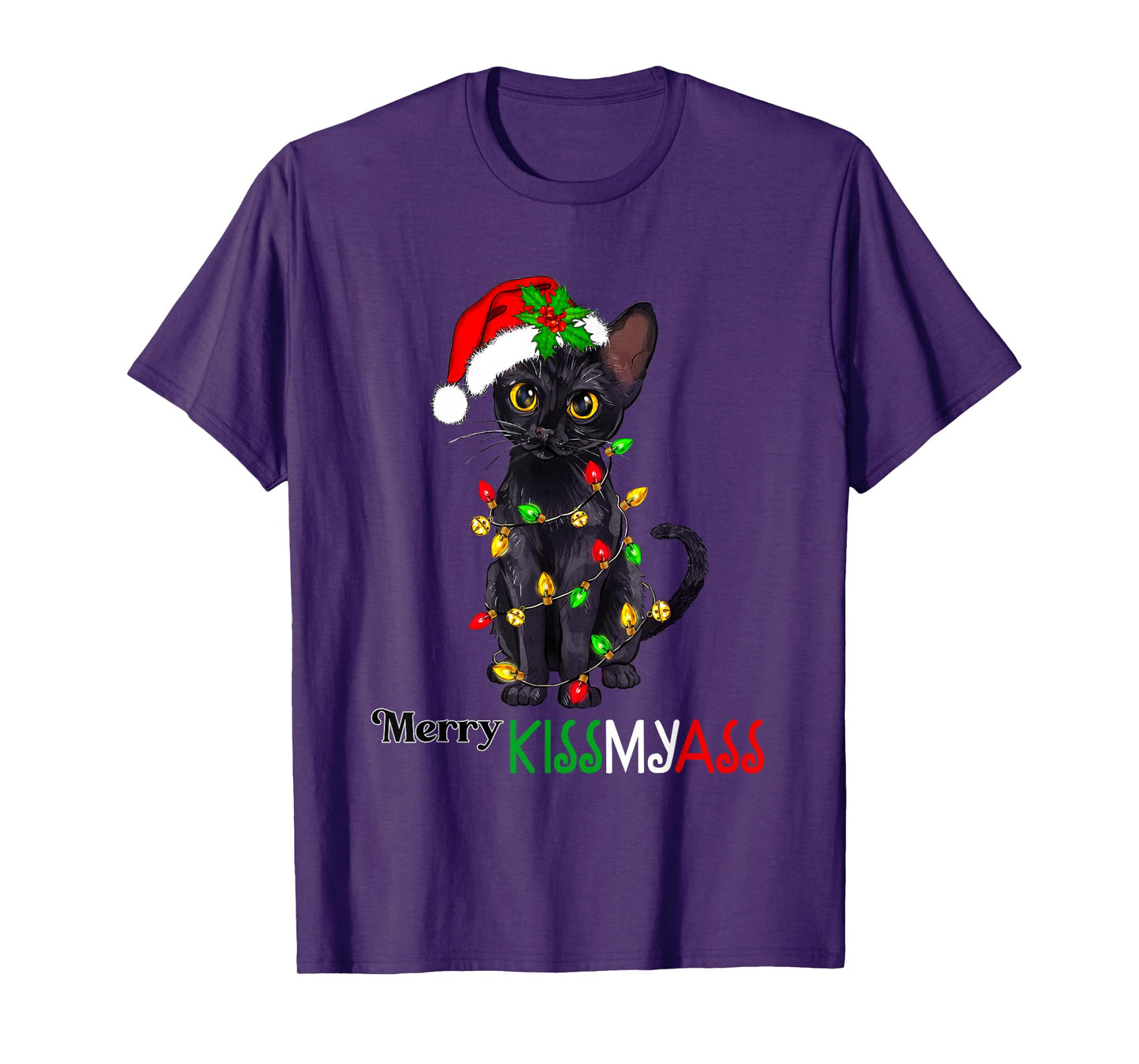 Funny Black Cat Merry Kissmyass Xmas Pajamas Chritsmas T-Shirt for Men Women