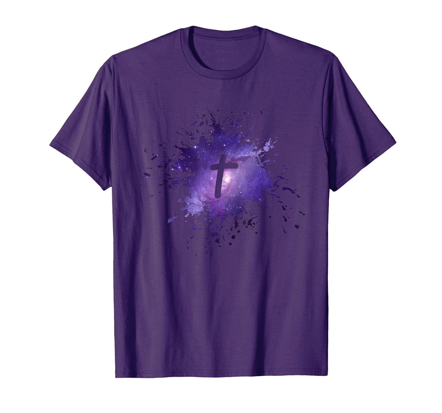 Purple Galaxy Splatter Design with Cross Christian Men Women T-Shirt
