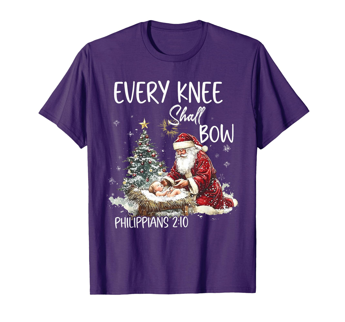 Vintage Every Knee Shall Bow Santa Clause Religious Xmas T-Shirt