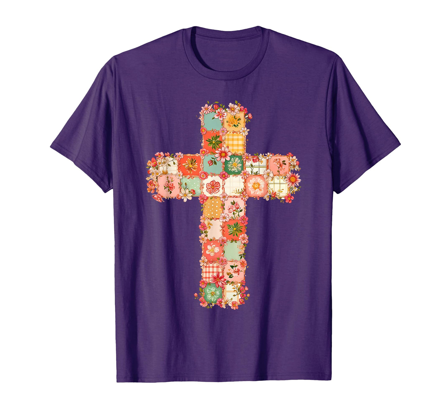 Vintage Christian Cross Floral Patchwork Religious Jesus T-Shirt