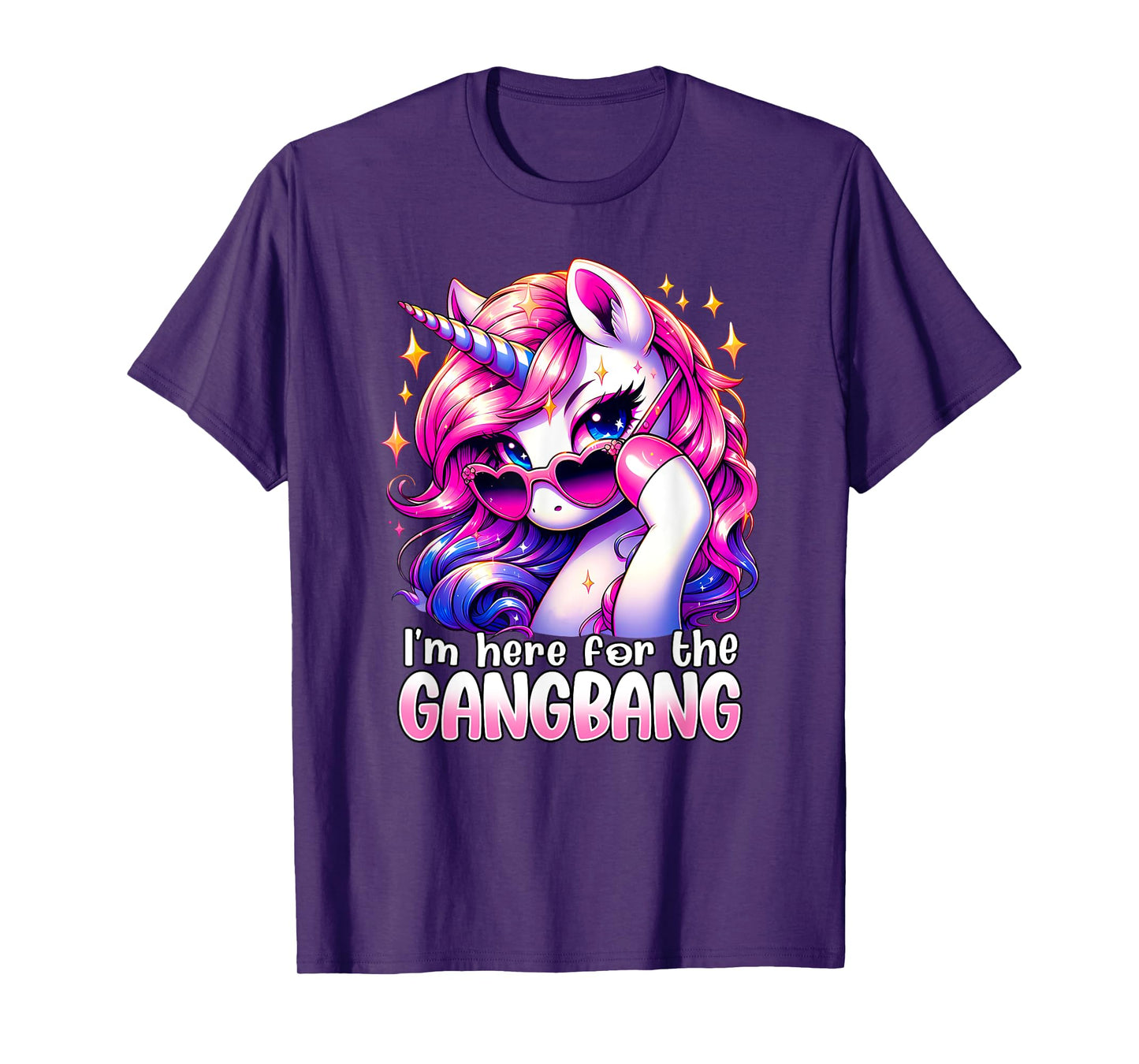 Embarrassing crude humor adult raunchy gag gift I'M HERE FOR THE GANGBANG Funny Inappropriate Sex Humor Joke Unisex-Adults Purple Small Cotton 65% Polyester 35% Short Sleeve T-Shirt