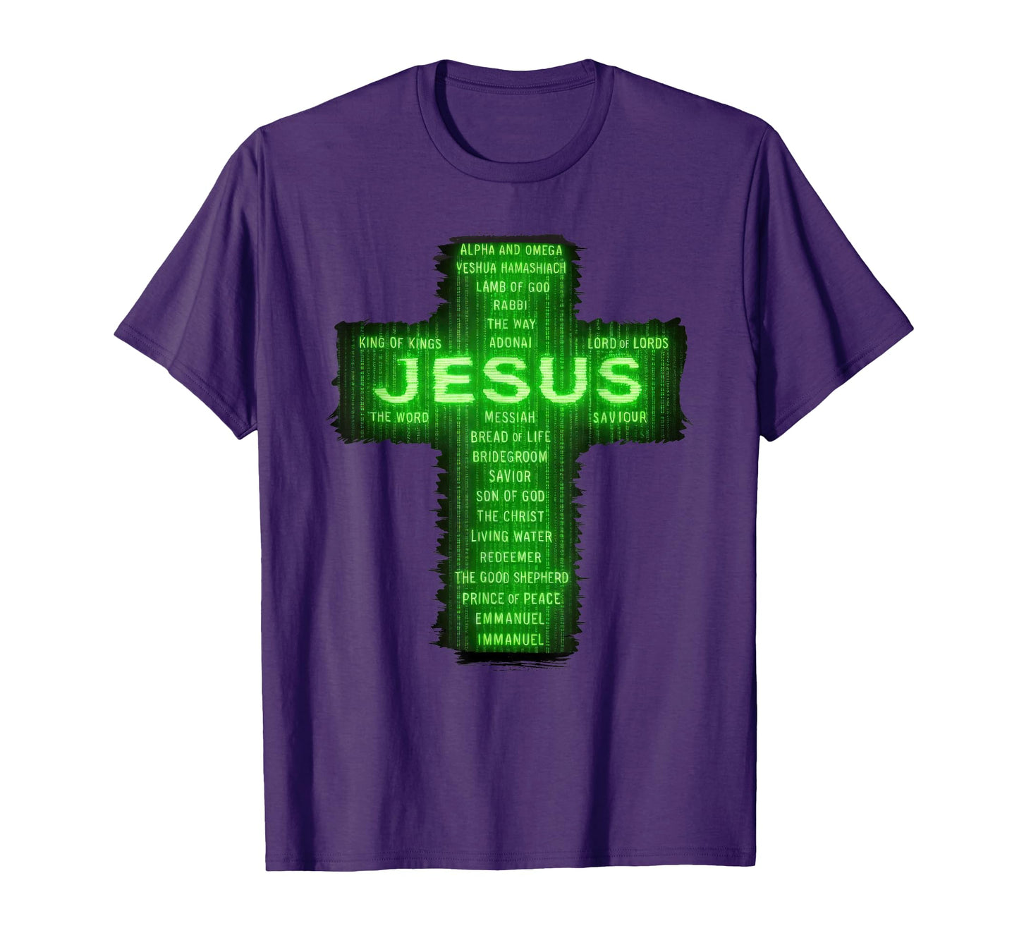 Christian Names of Jesus Cross Striking Digital Falling Code T-Shirt