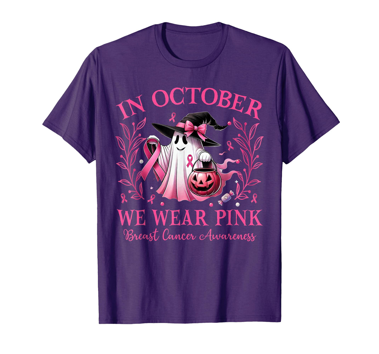 in October We Wear Pink Ghost Witch Breast Cancer Awareness T-Shirt