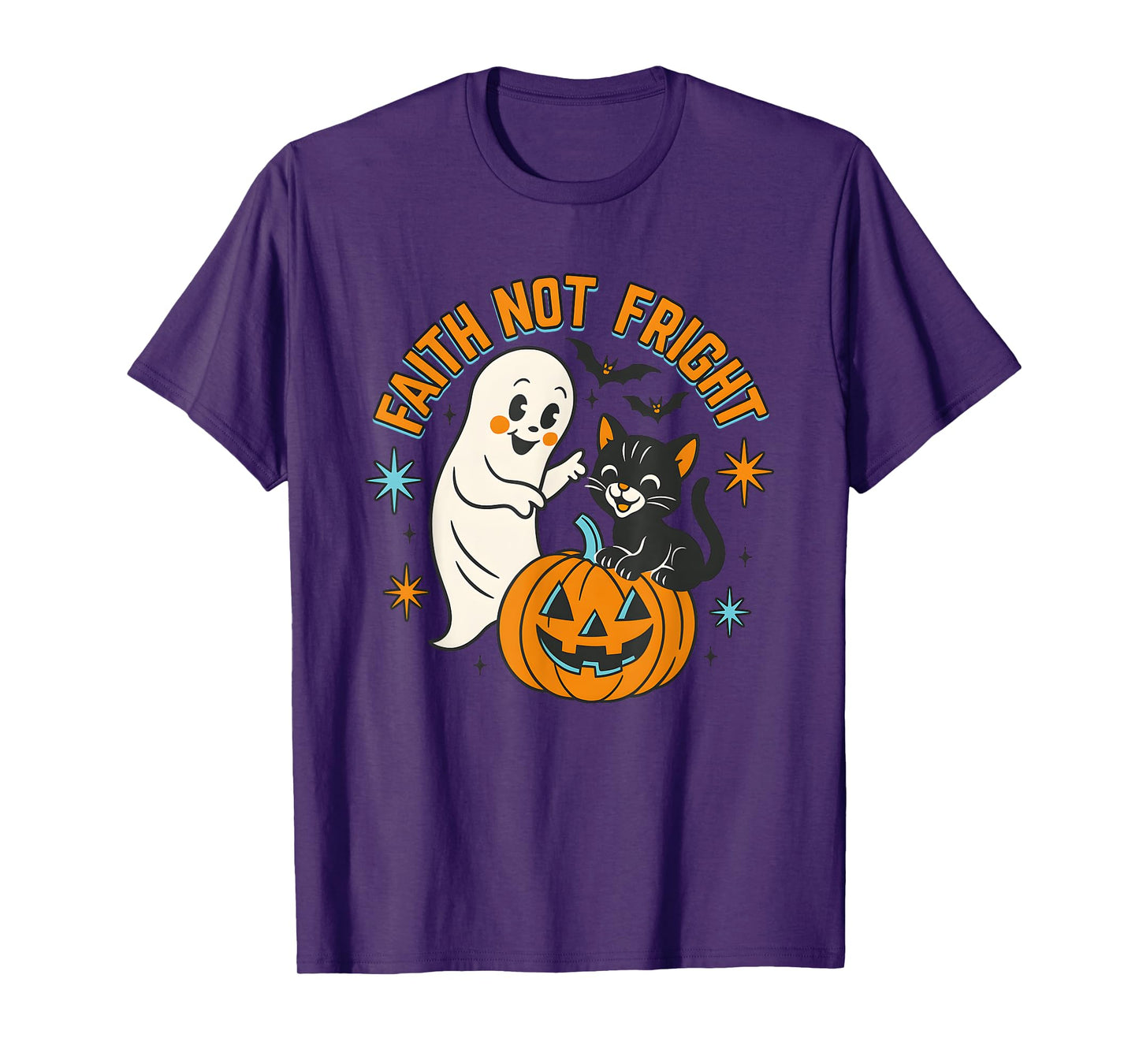 Ghost and Black Cat Faith Not Fright Halloween T-Shirt