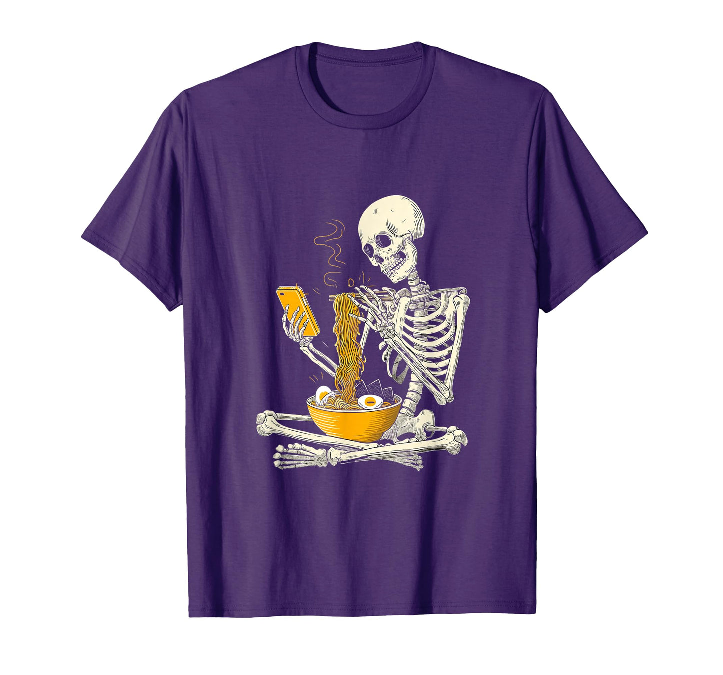 Funny Skeleton Eat Ramen Noodles Scroll Phone Halloween T-Shirt