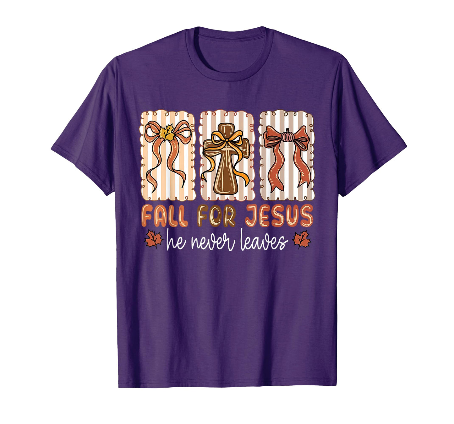 Fall for Jesus He Never Leaves Coquette Bow Autumn Cross T-Shirt