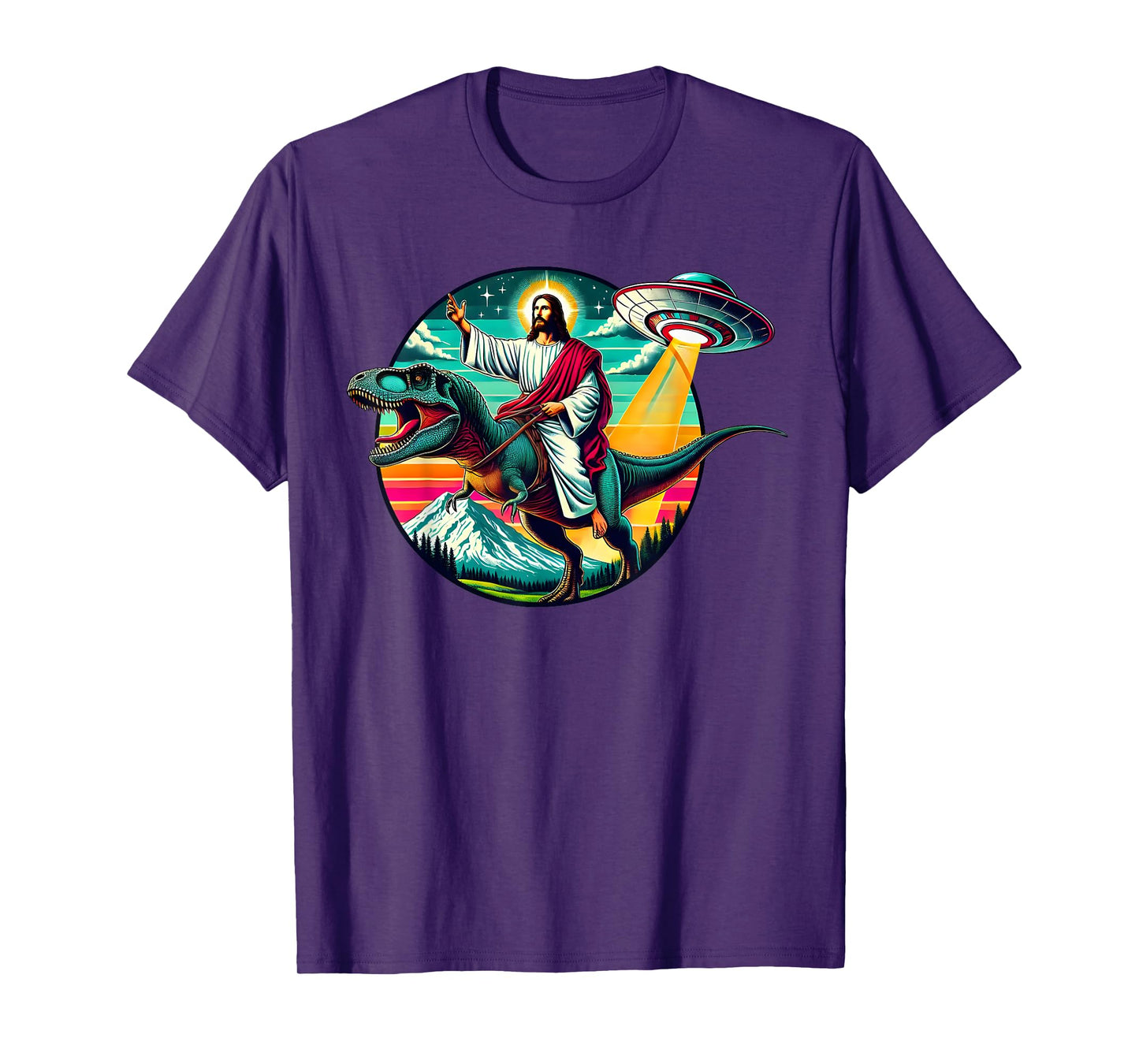 Jesus Riding Dinosaur UFO Alien Cross Religious Retro God T-Shirt