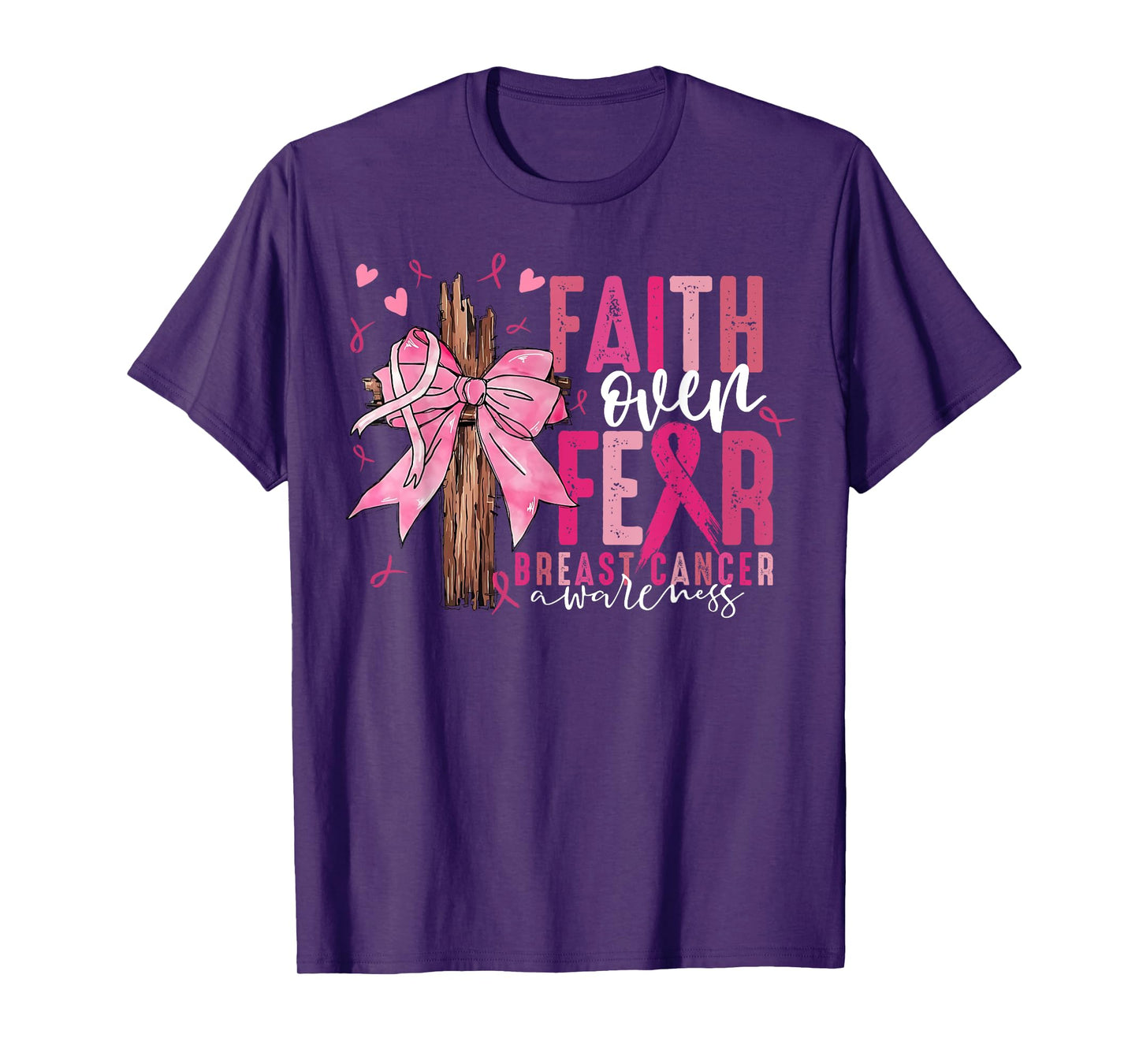 Faith Over Fear Coquette Bow Cross Christian Breast Cancer T-Shirt