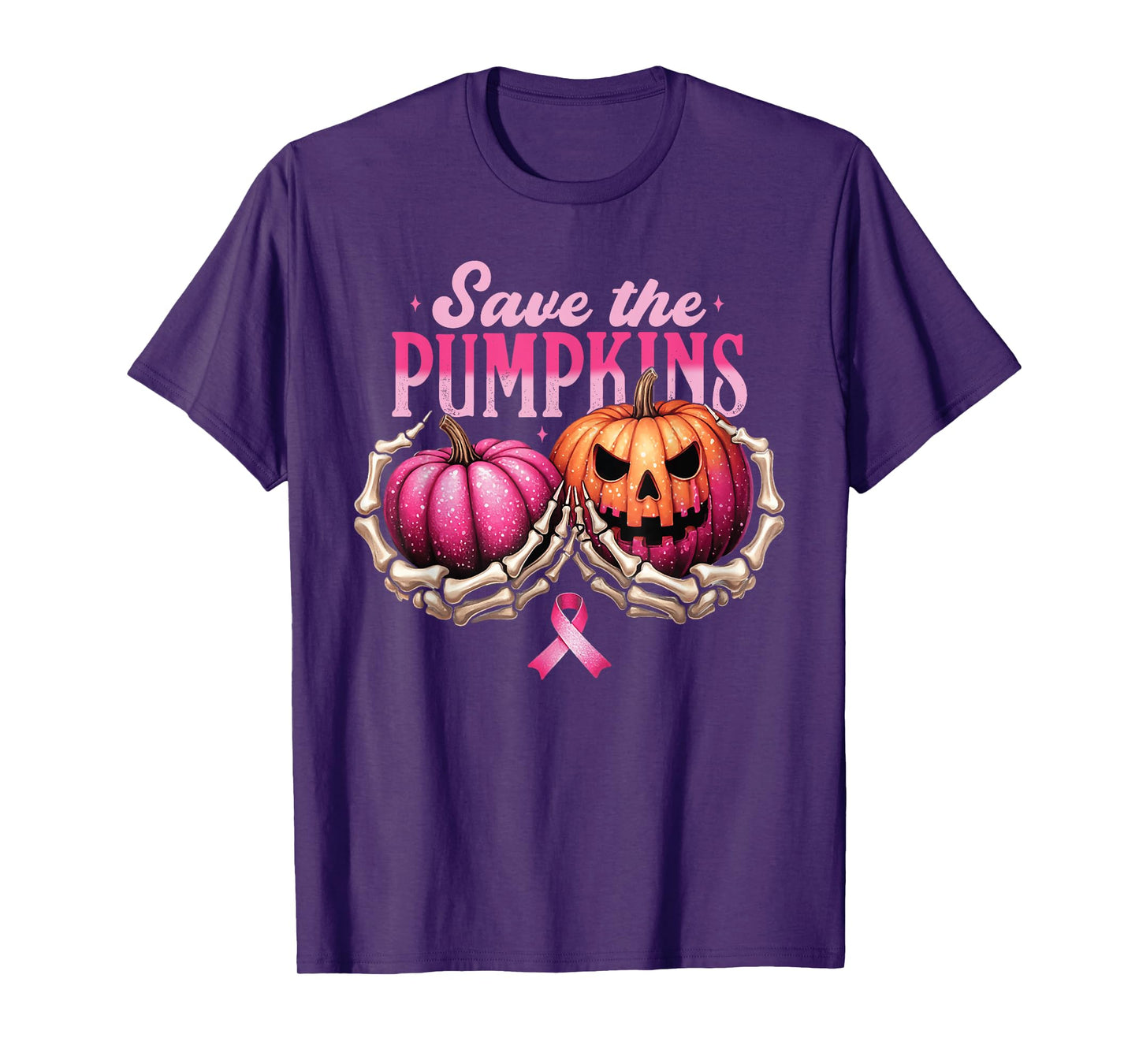 Save The Pumpkins Skeleton Hand Hold Breast Cancer Halloween T-Shirt