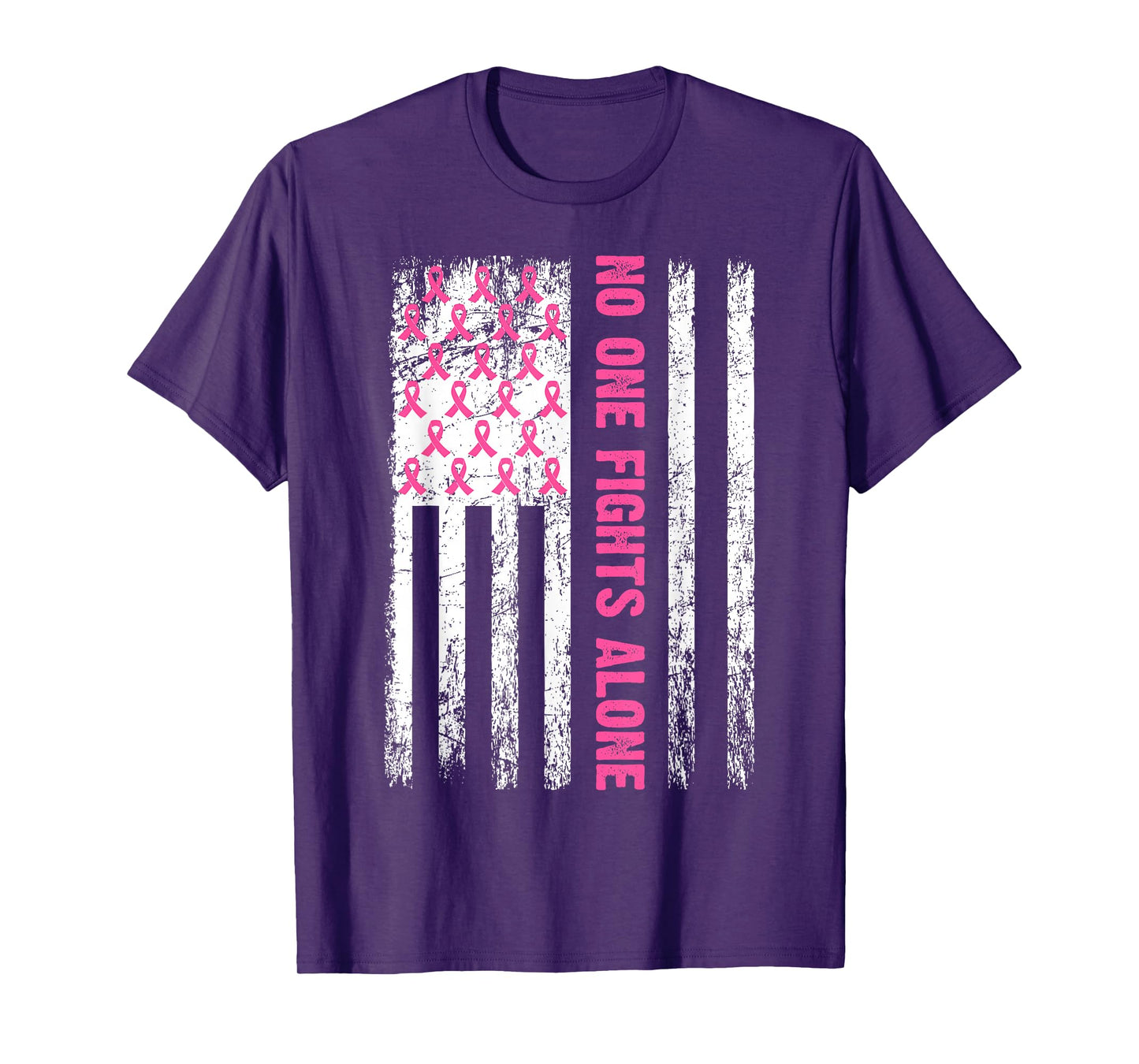No One Fight Breast Cancer Alone Pink Ribbon American Flag T-Shirt