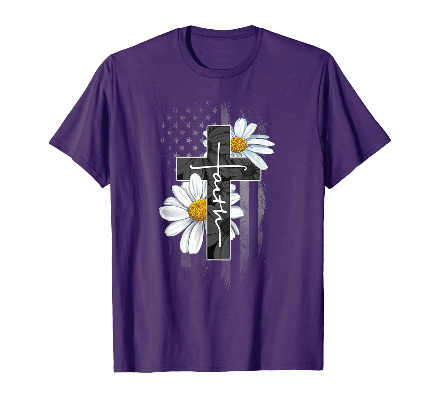 Faith Cross Christian Daisy Flower American Flag T-Shirt for Women Men