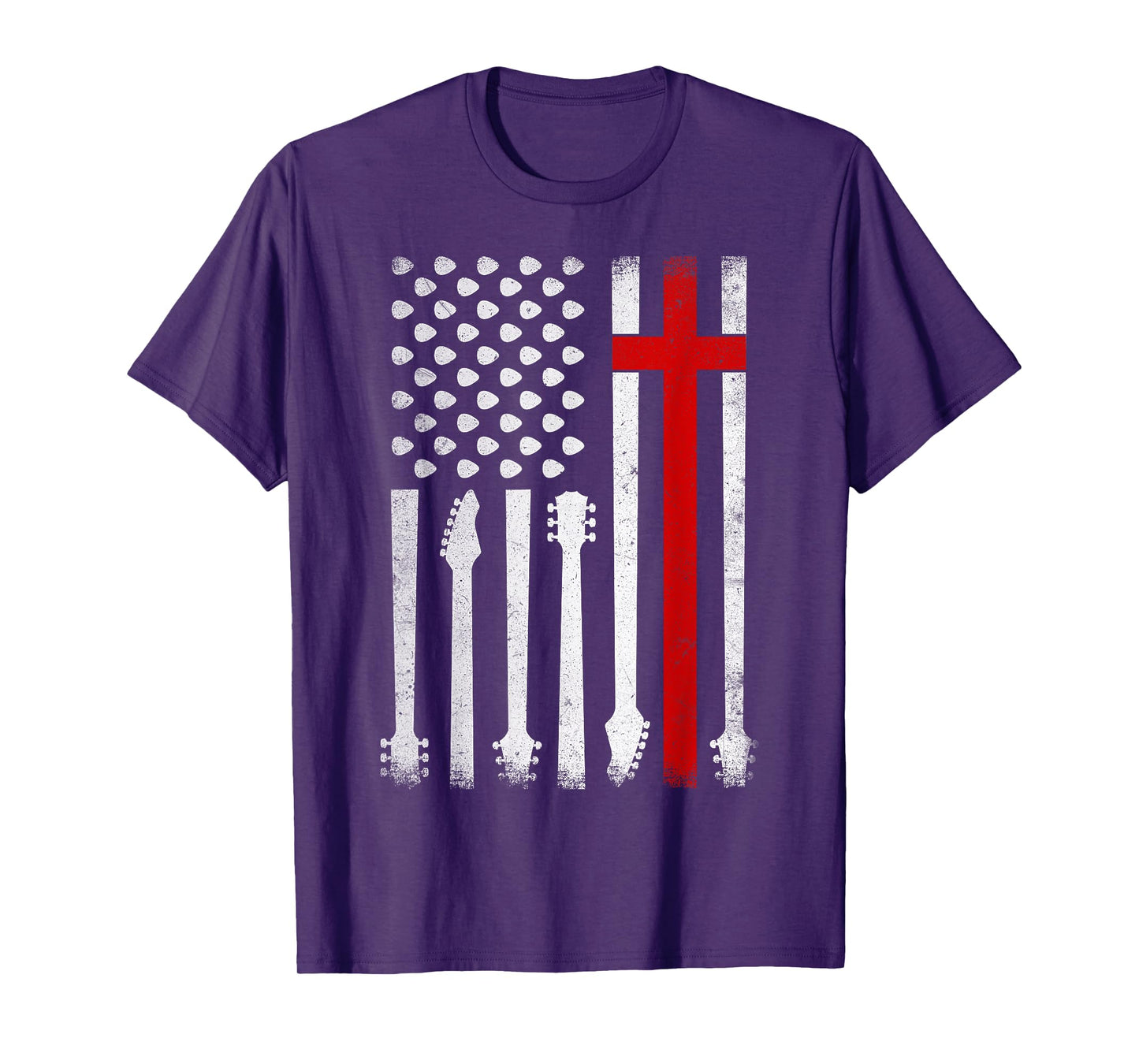Vintage Guitar Cross US Flag Patriotic Christian Worship Women Kids Men T-Shirt