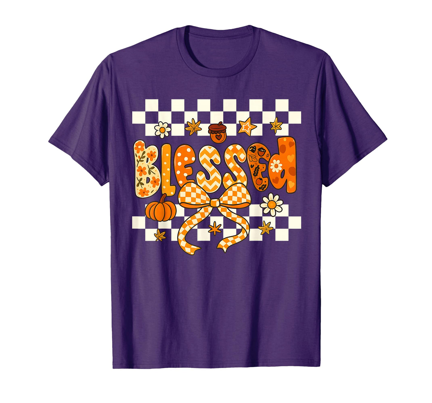 Blessed Checkerboard Pumpkin Autumn Christian Fall Thankful T-Shirt