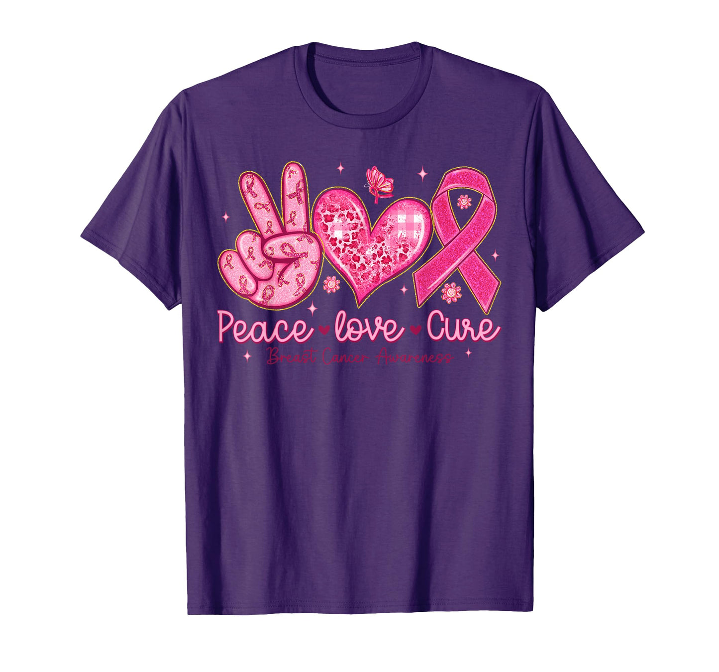 Breast Cancer Awareness Pink Ribbon Peace Love Cure Faith T-Shirt