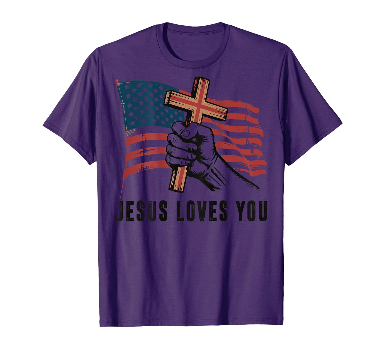 Mens Jesus Loves You American Flag Christian Patriotic Cross T-Shirt
