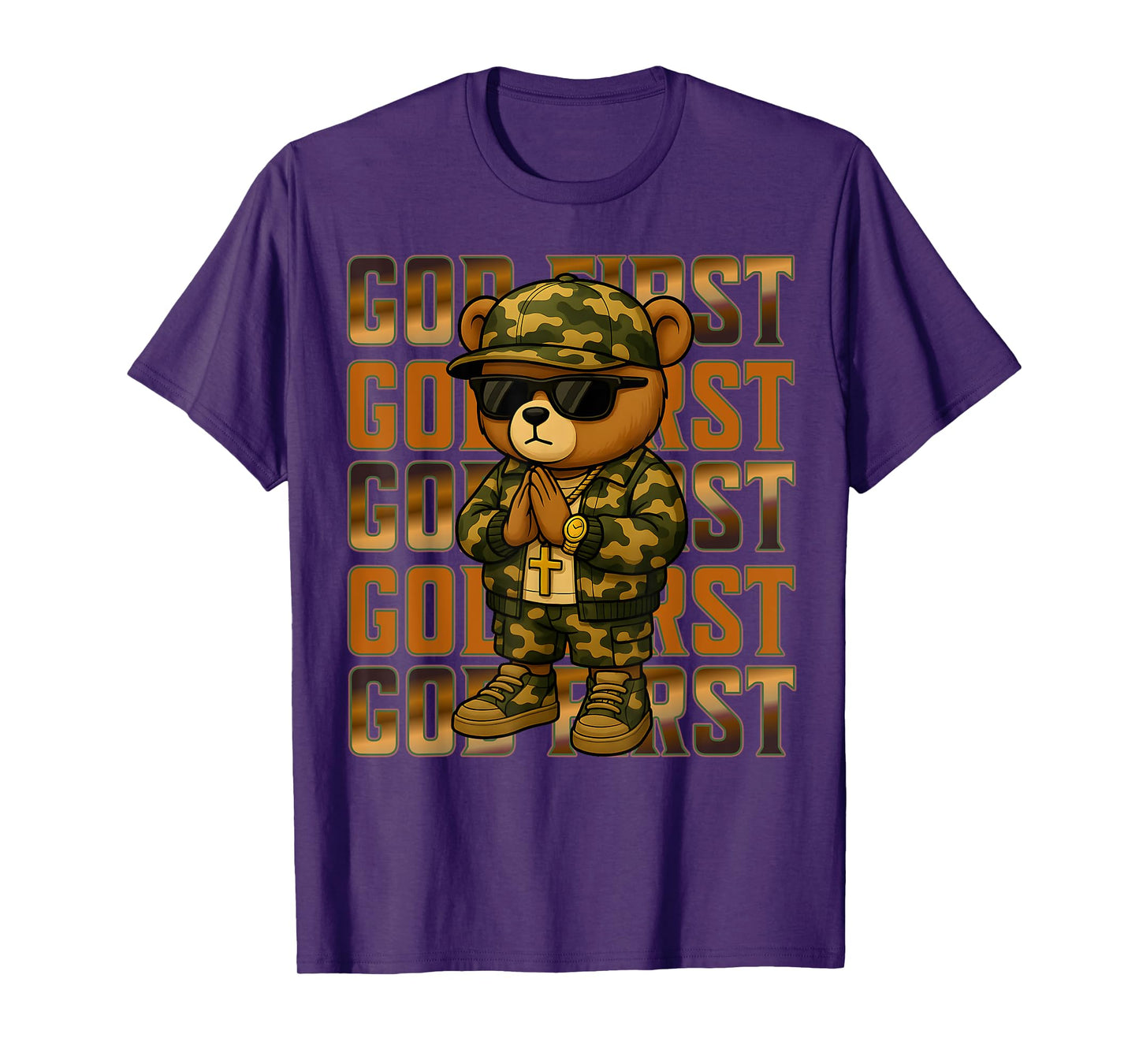 God First Camo Hip Hop Teddy Bear Christian Streetwear Men's T-Shirt