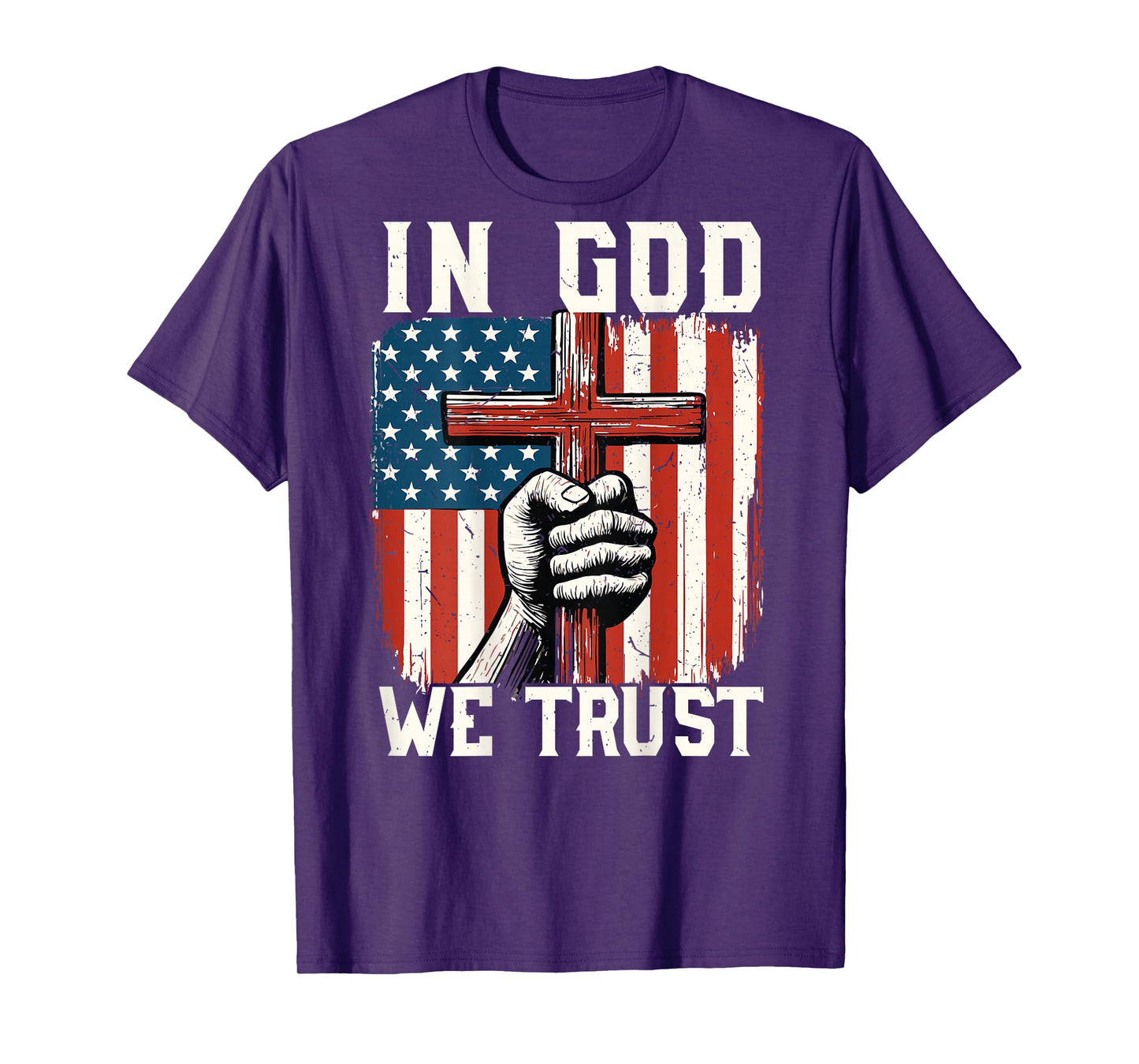 On-Back in God We Trust Patriotic Christian Faith Cross Flag T-Shirt