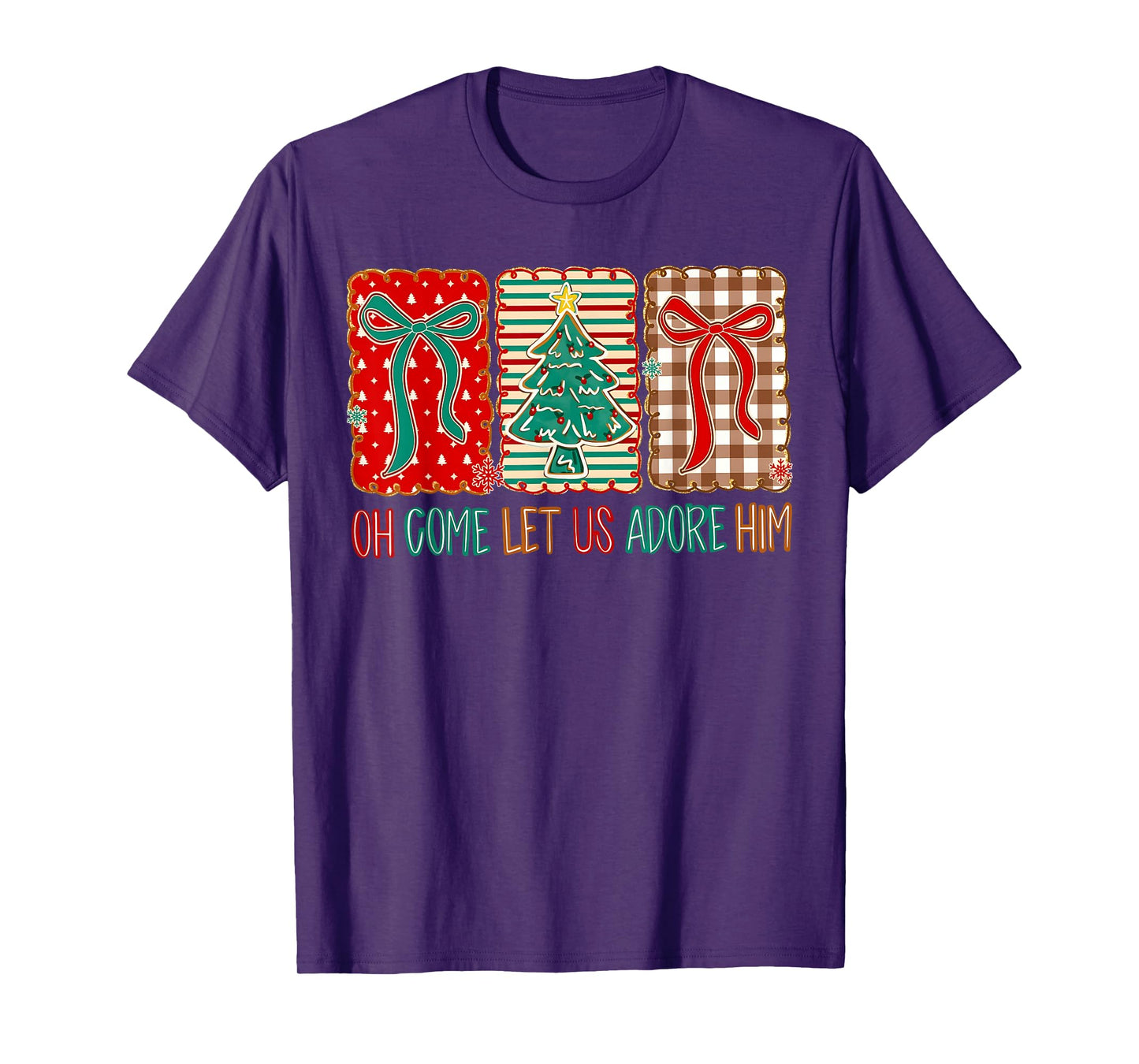 Preppy Christian Christmas Tree Oh Come Let Us Adore Him Bow T-Shirt