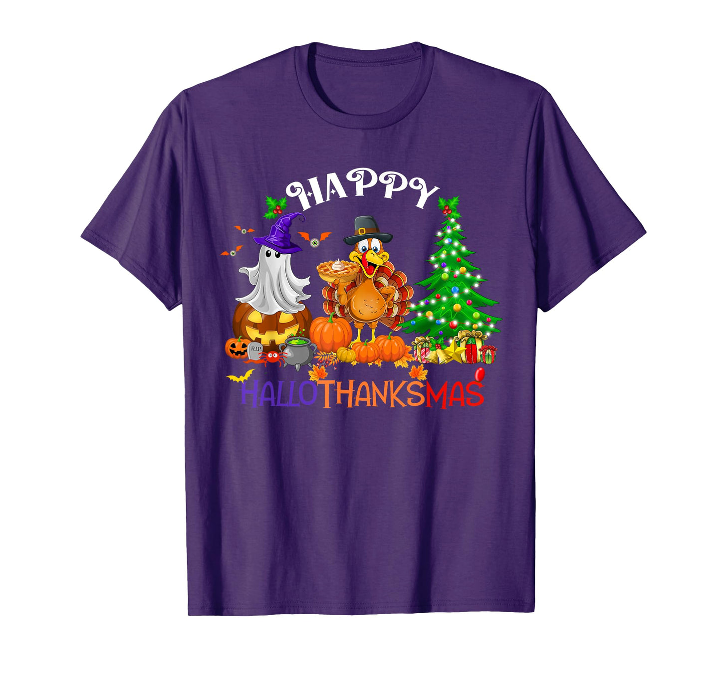Retro Halloween Thanksgiving Christmas Happy HalloThanksMas T-Shirt
