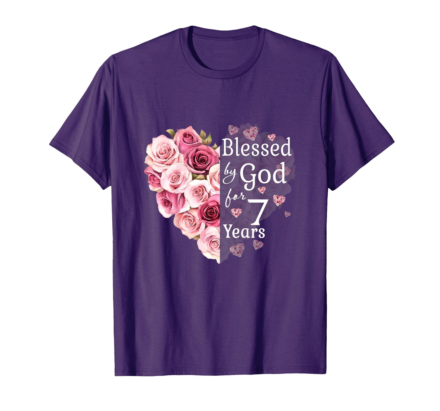 Kids Blessed By God For 7 Years Rose Flower Heart 7th Birthday T-Shirt