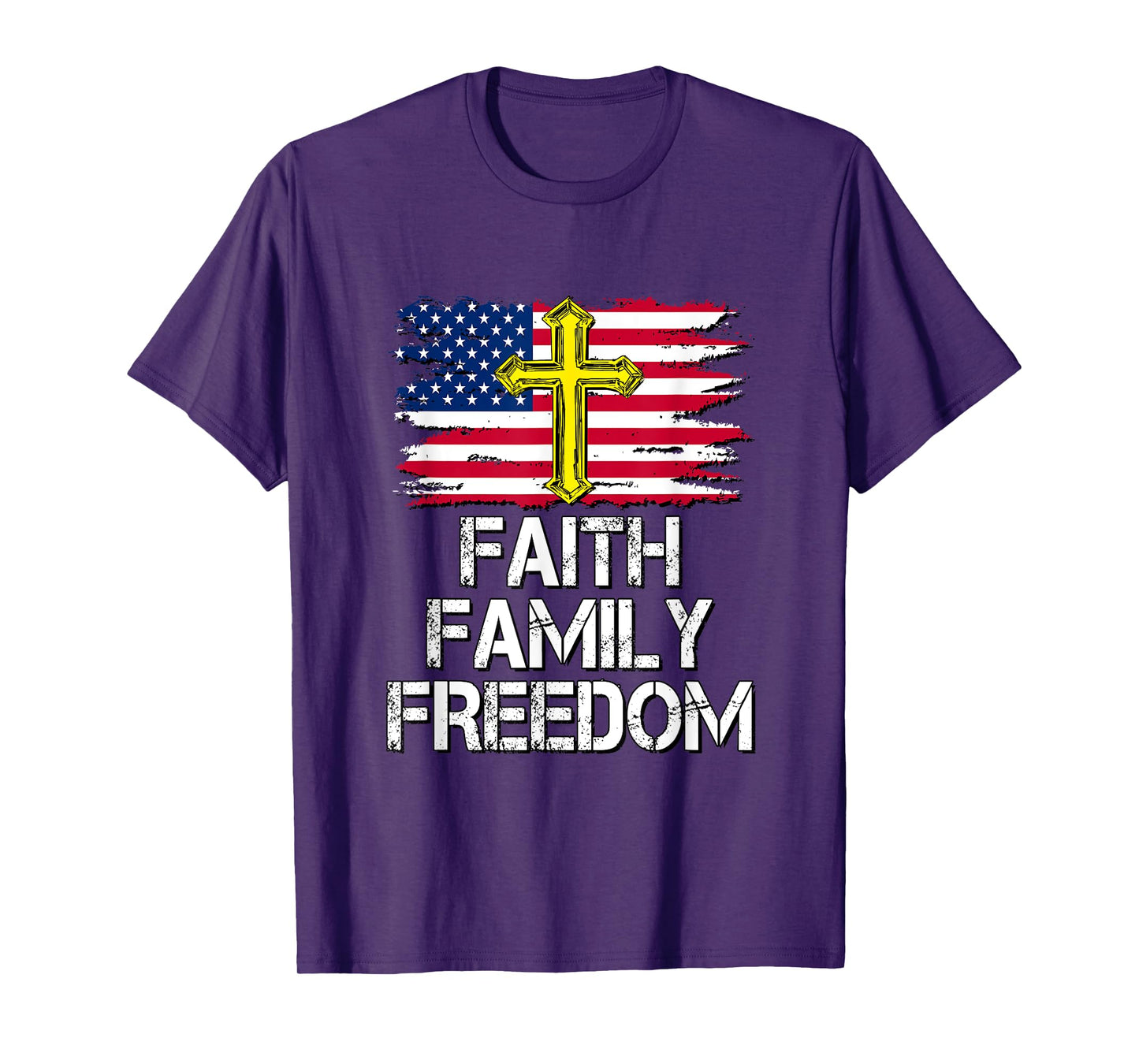 Faith Family Freedom - American Flag and Cross - Distressed T-Shirt for Women Kids Men