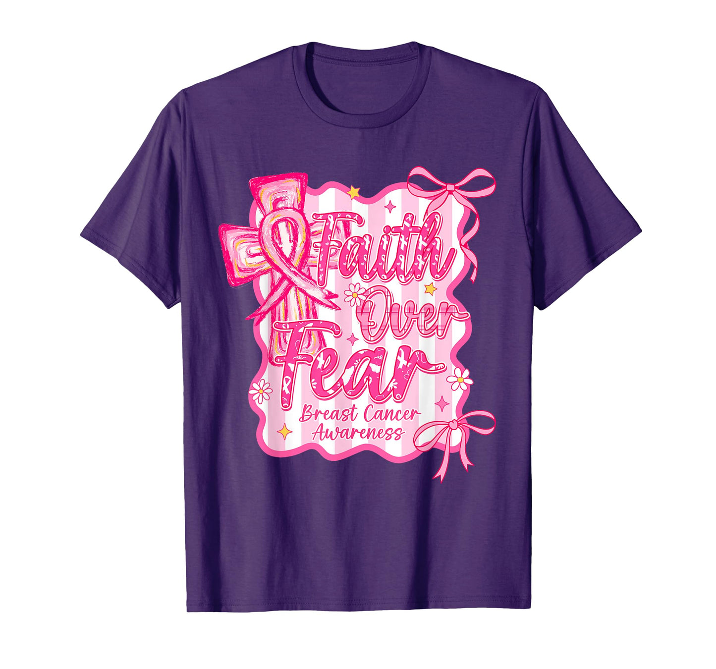 Faith Over Fear Cross Pink Ribbon Christian Breast Cancer T-Shirt