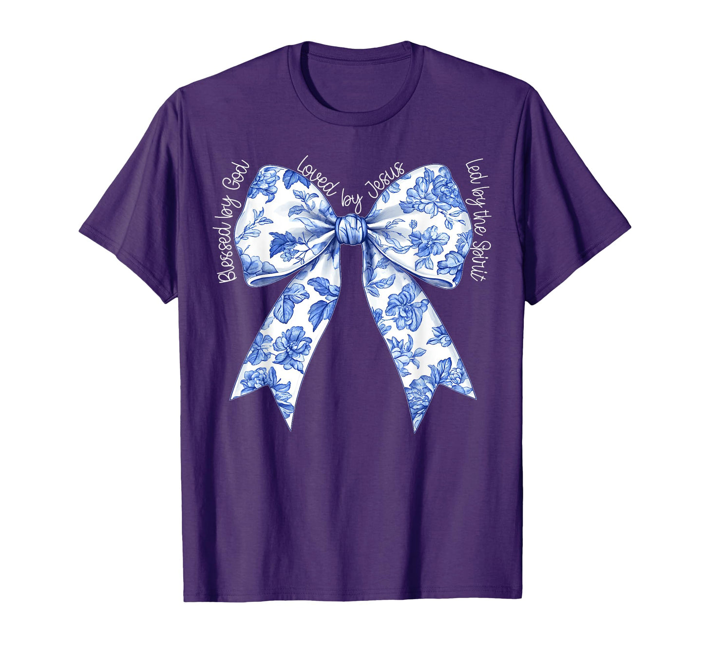 Blessed By God Loved By Jesus Blue Toile Coquette Bow T-Shirt