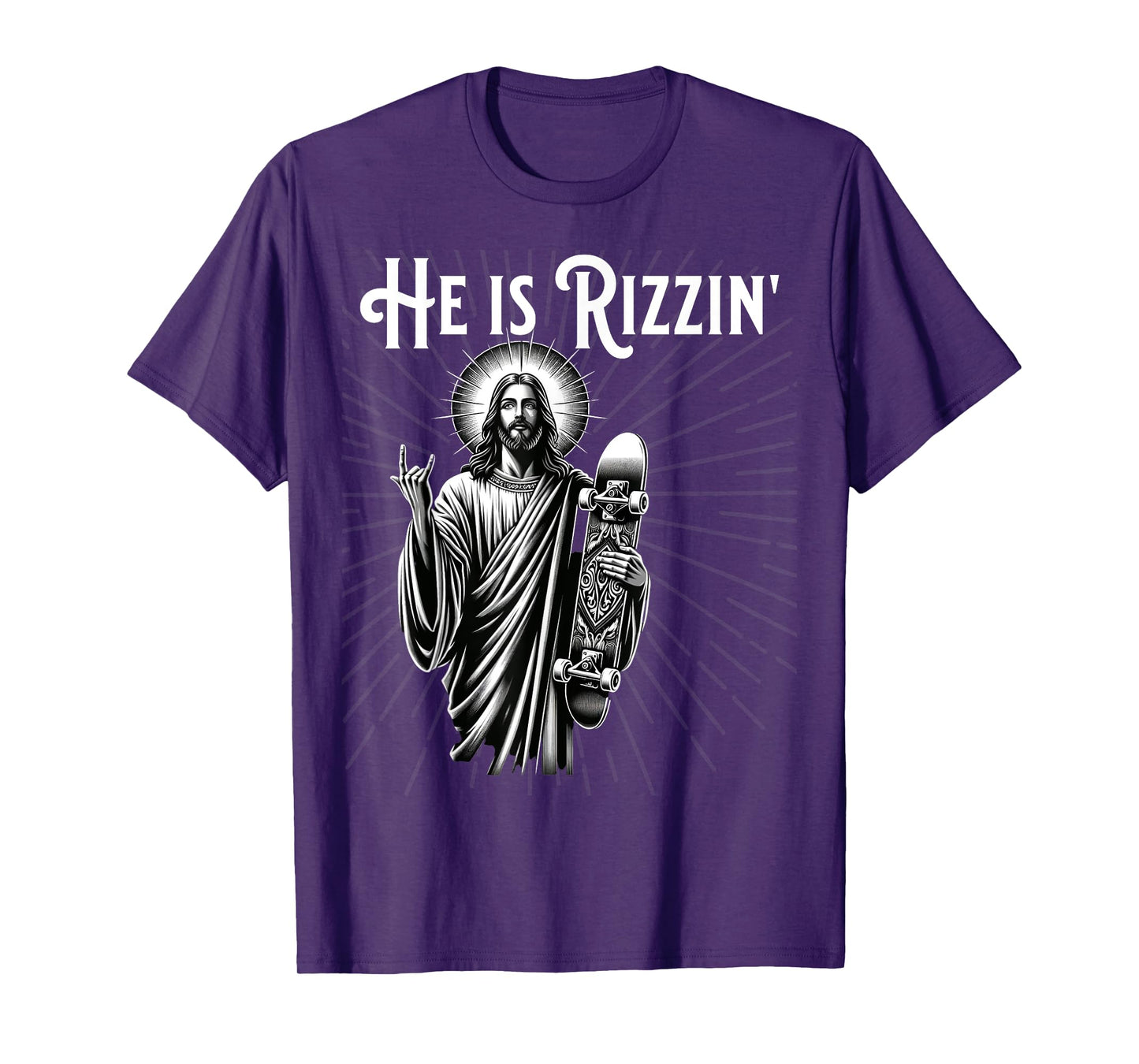 Rizzen Rocker He is Rizzin Funny Jesus Riding Skateboard T-Shirt