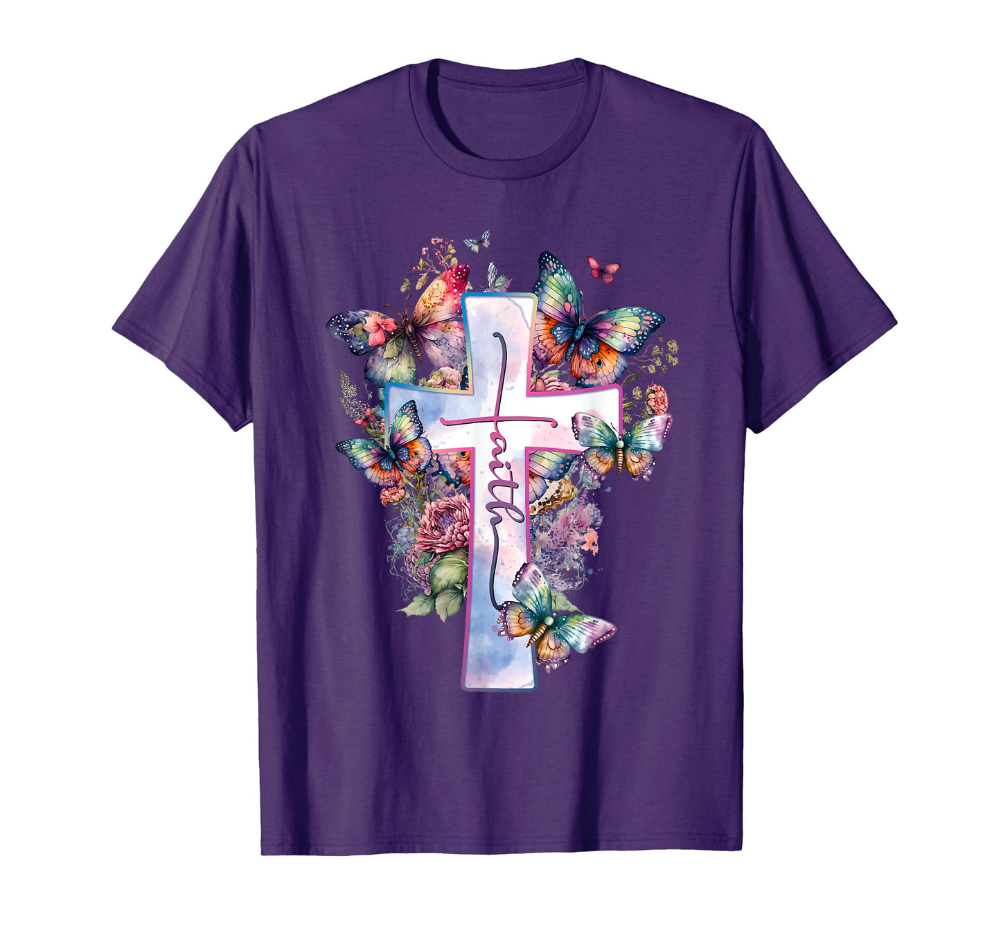 Faith-Cross Floral Butterflies Christ Flowers Religious T-Shirt