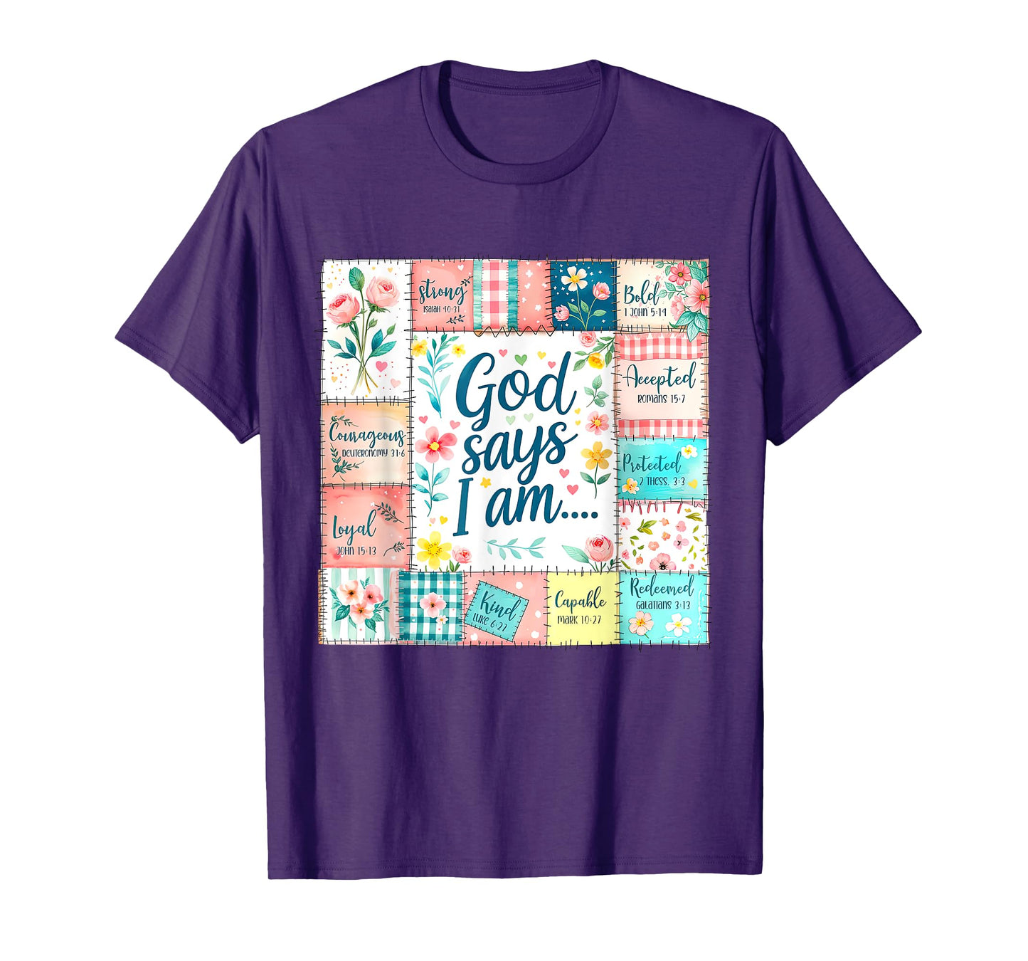 God Says I Am Christian Faith Vintage Floral Patchwork Quilt T-Shirt