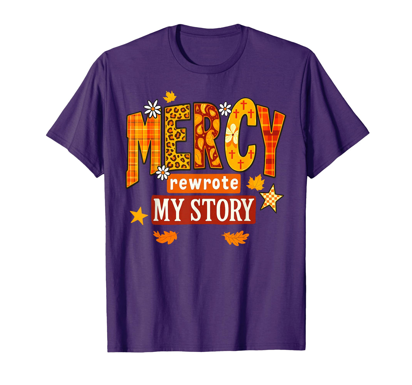 Mercy Rewrote My Story Fall Christian Leopard Autumn Women T-Shirt