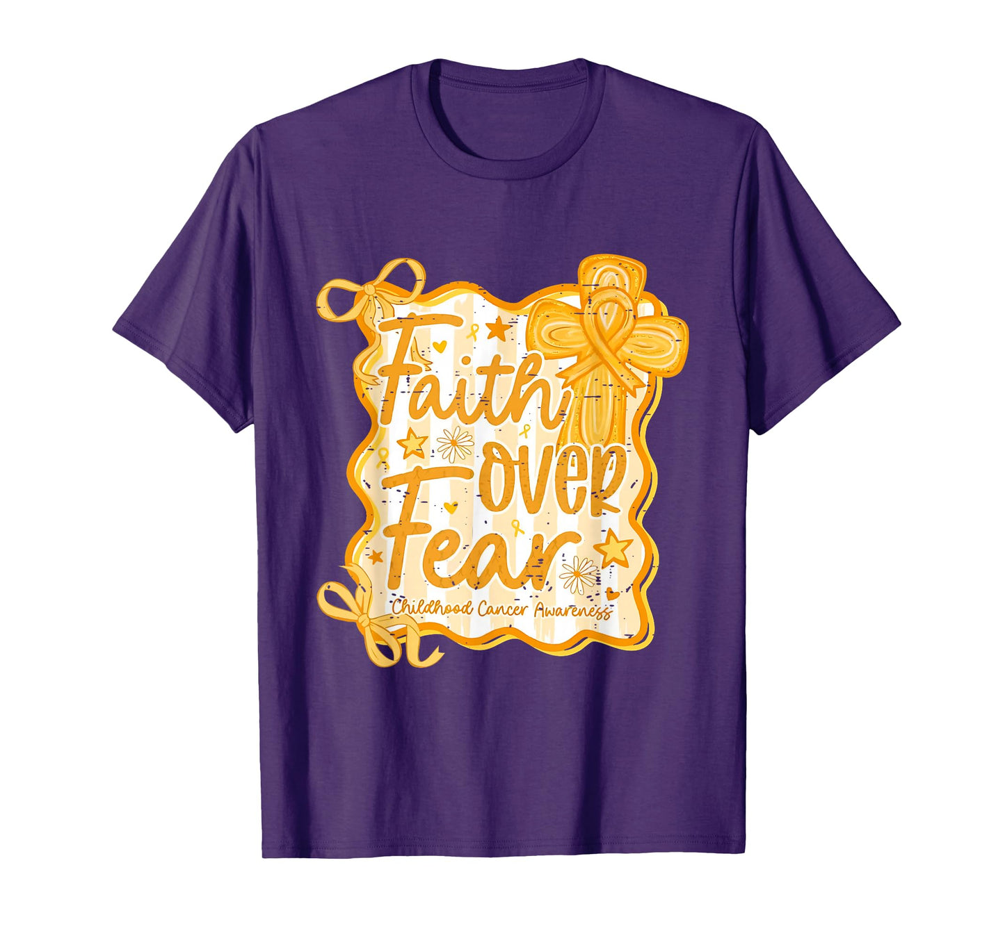 Faith Over Fear Childhood Cancer Awareness Gold Ribbon Bow T-Shirt