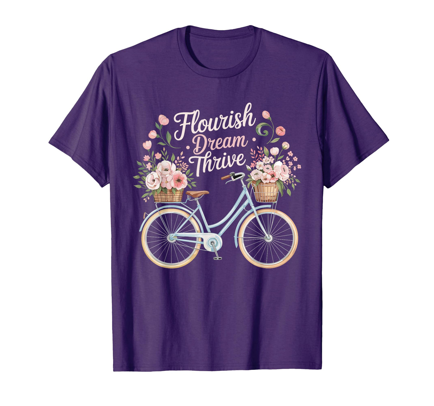 Flourish Dream Thrive Bicycle Floral Inspirational Quote T-Shirt