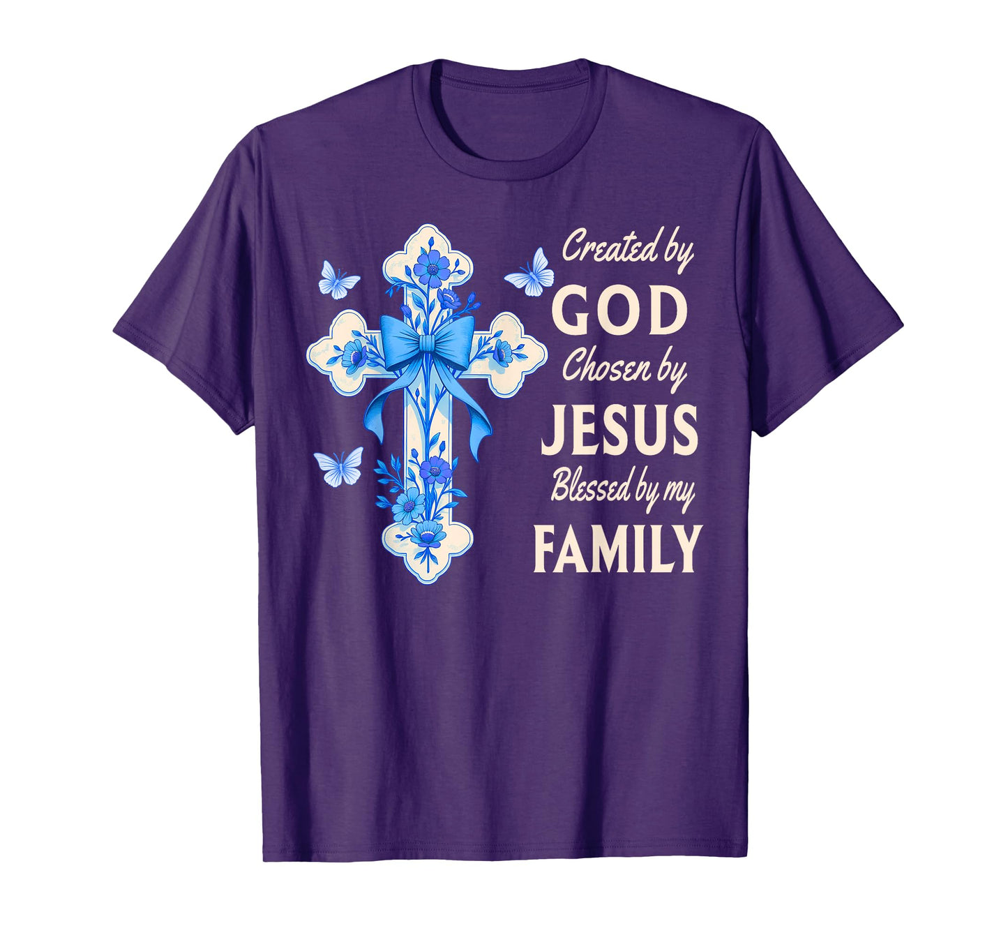 Created By God Blessed By Family Blue Toile Floral Cross T-Shirt