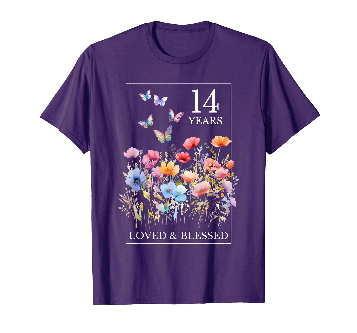 14 Years Loved Blessed Butterfly Flower Stamp 14th Birthday T-Shirt