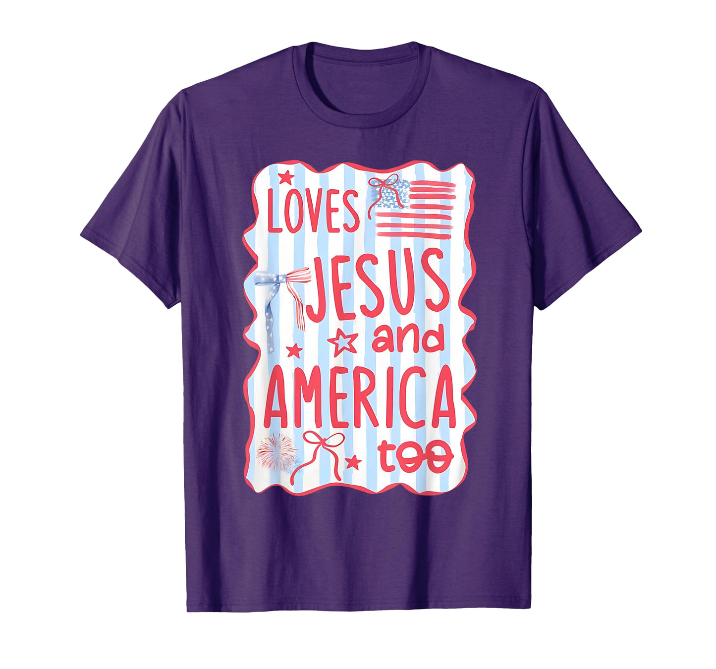 Coquette Bow Loves Jesus And America Too 4th Of July Womens T-Shirt