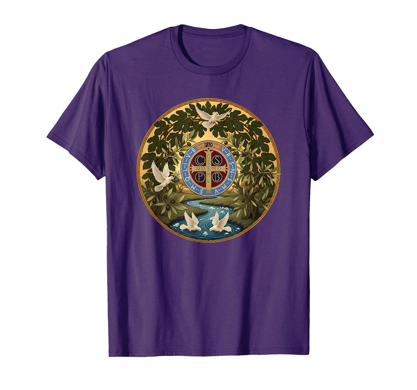 Sacred Saint Benedict Medal River Dove Fig Tree T-Shirt