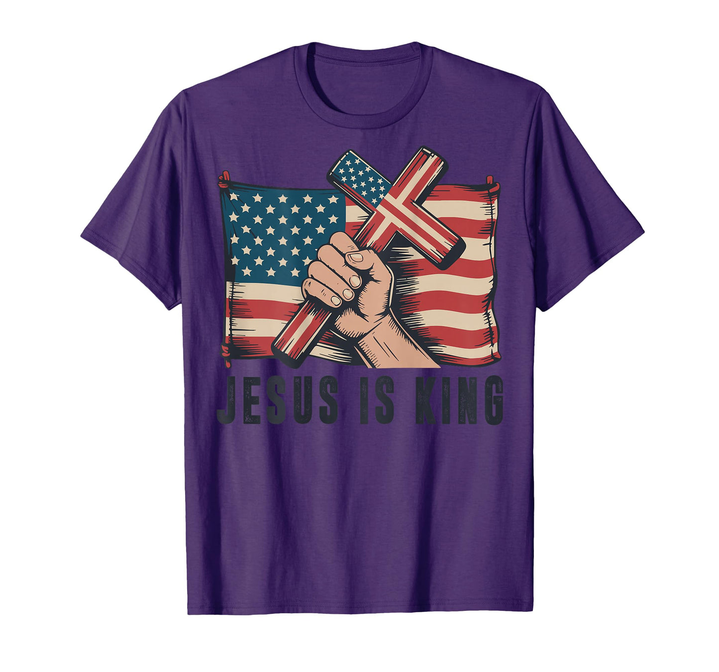 Mens Jesus is King Christian Patriotic Cross American Flag T-Shirt