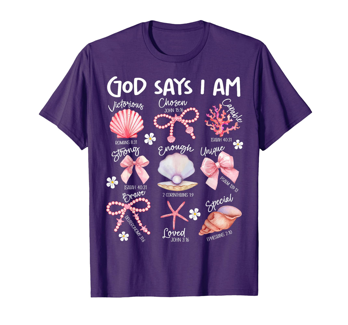 God Says I Am Christian Women Girls Kids Starfish Seashell T-Shirt