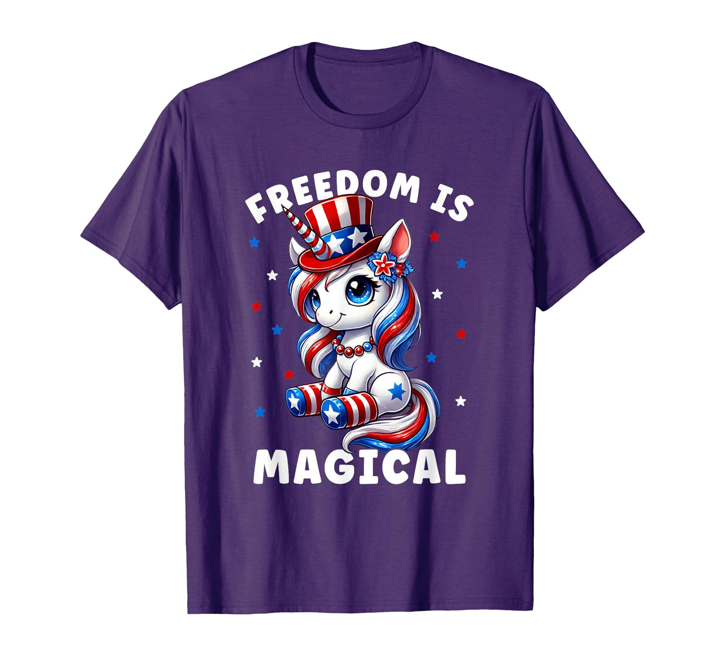 4th of July Freedom is Magical Unicorn Girls Women Patriotic T-Shirt