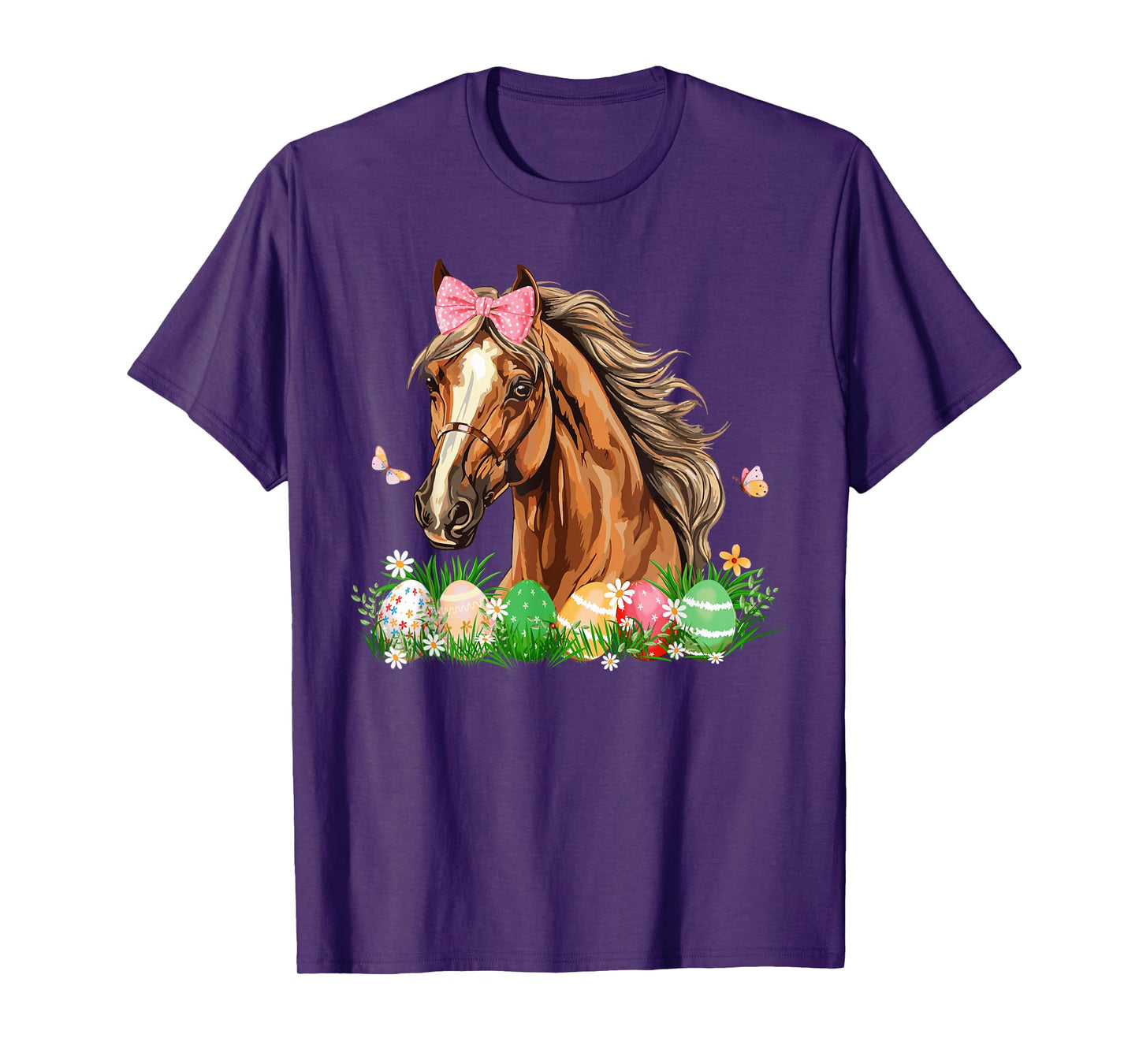 Cute Horse With Bow Easter Eggs Easter Day Kids Girls Women T-Shirt