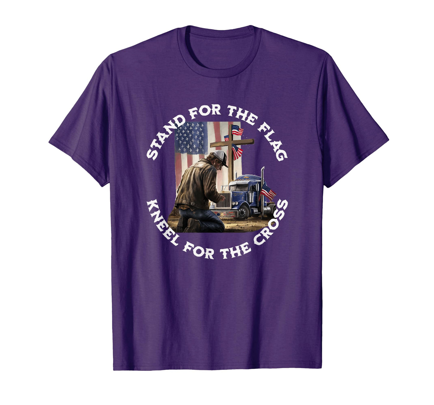 American Trucker Praying At The Cross & US Flag Christian T-Shirt
