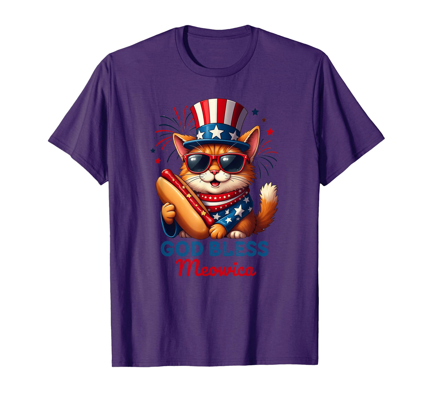 4th of July Hotdog Cat Funny Patriotic Cat USA Flag MEOWICA T-Shirt for Men Women Kids