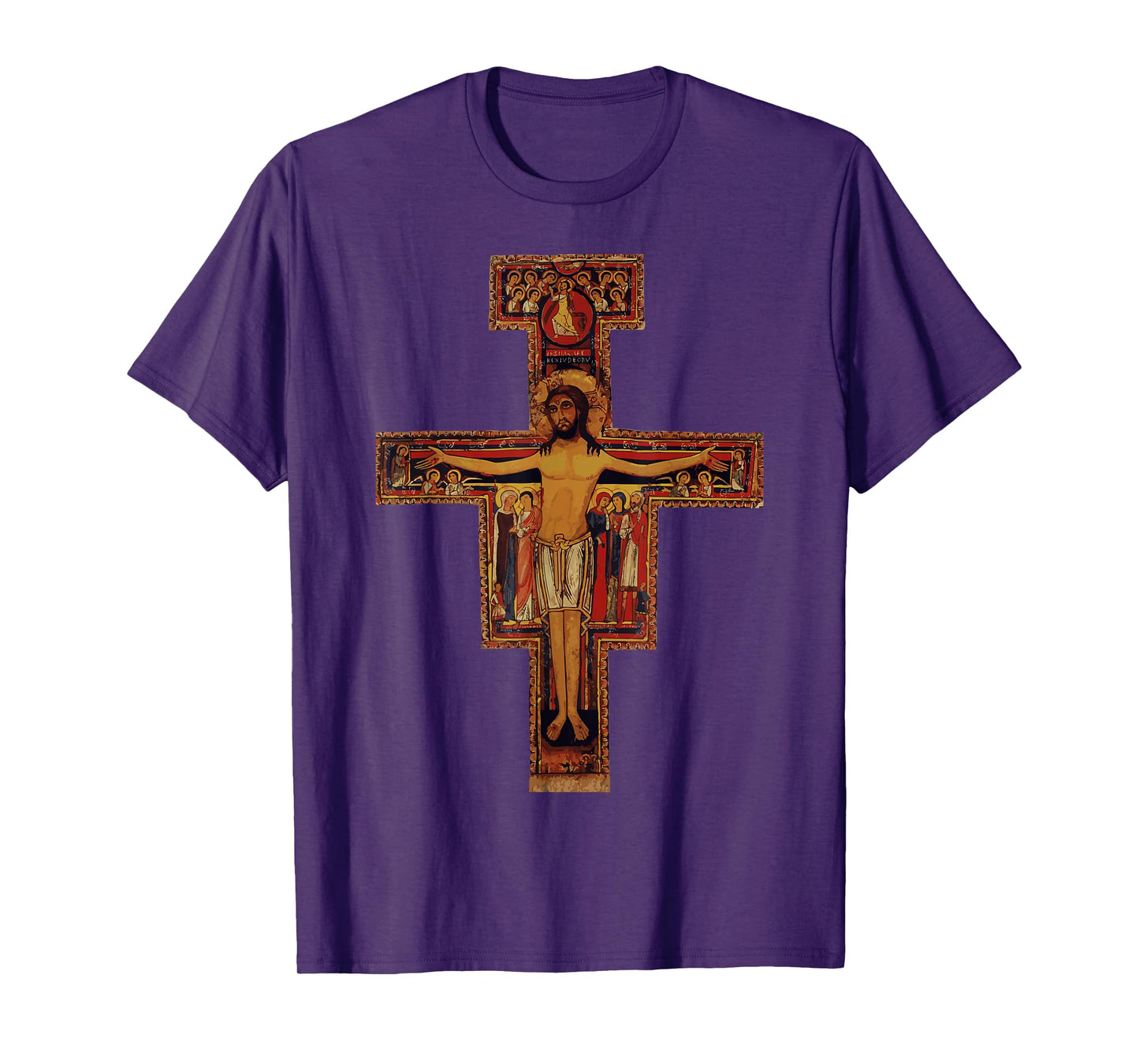 Happy Catholics Catholic Francis of Assisi San Damiano Cross T-Shirt - Black, Unisex Adult, Short Sleeve, Modern Religious Style, Casual, Size Small