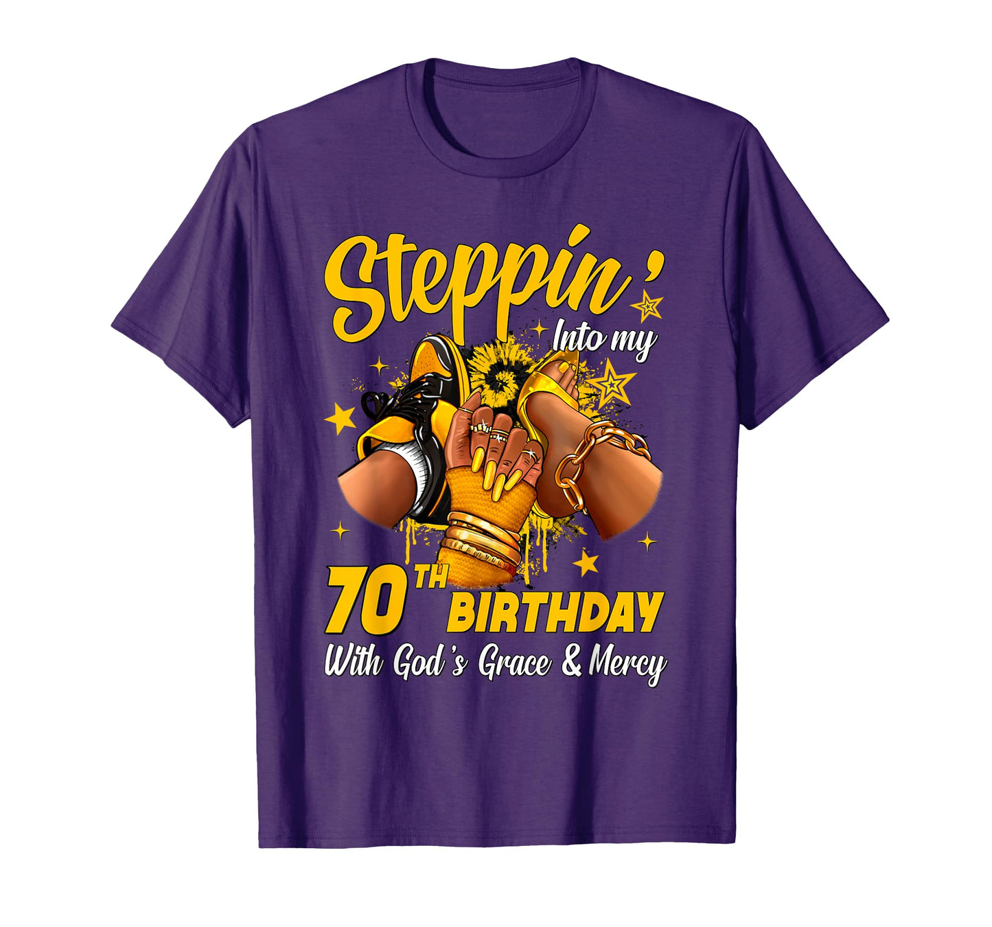 Stepping Into My 70th Birthday Black Woman Sneaker Heel T-Shirt