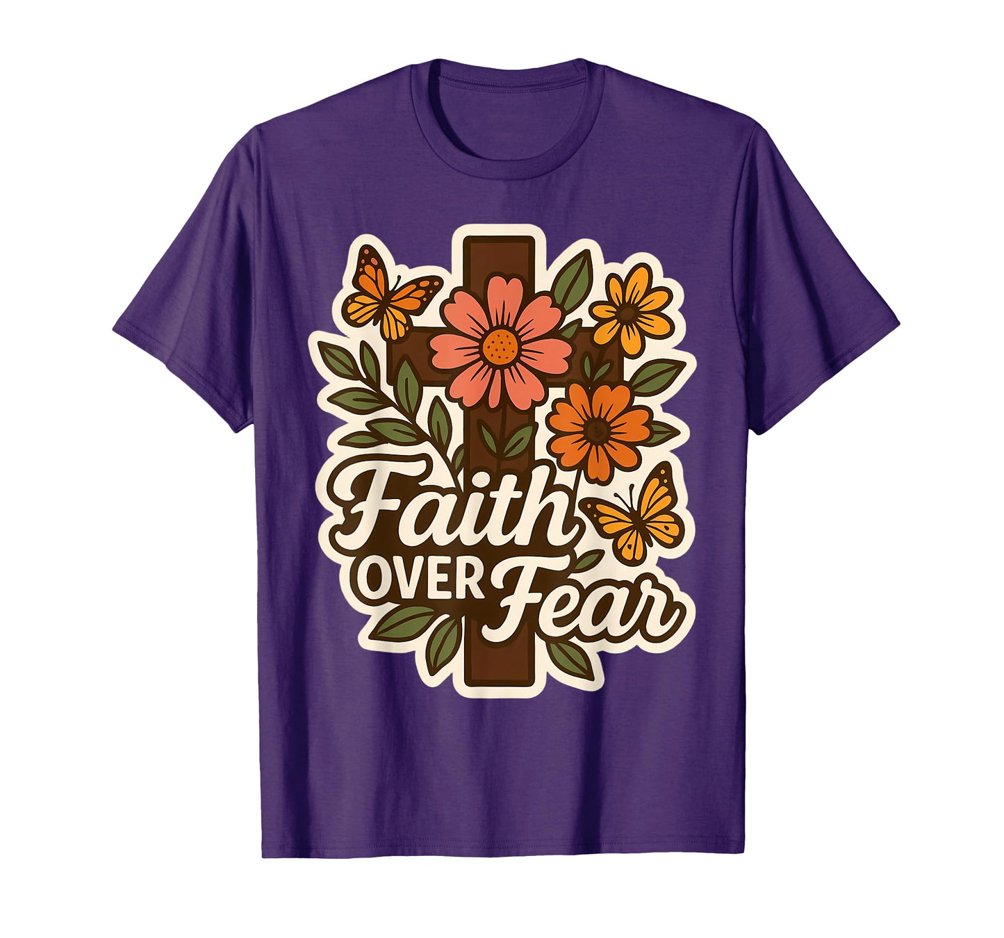 Faith Over Fear Floral Vintage Christian Flowers Cross Retro T-Shirt