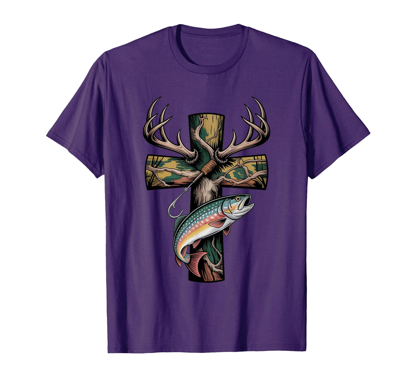 Faith Fishing Hunting Camo Cross with Hook Bass Christian T-Shirt