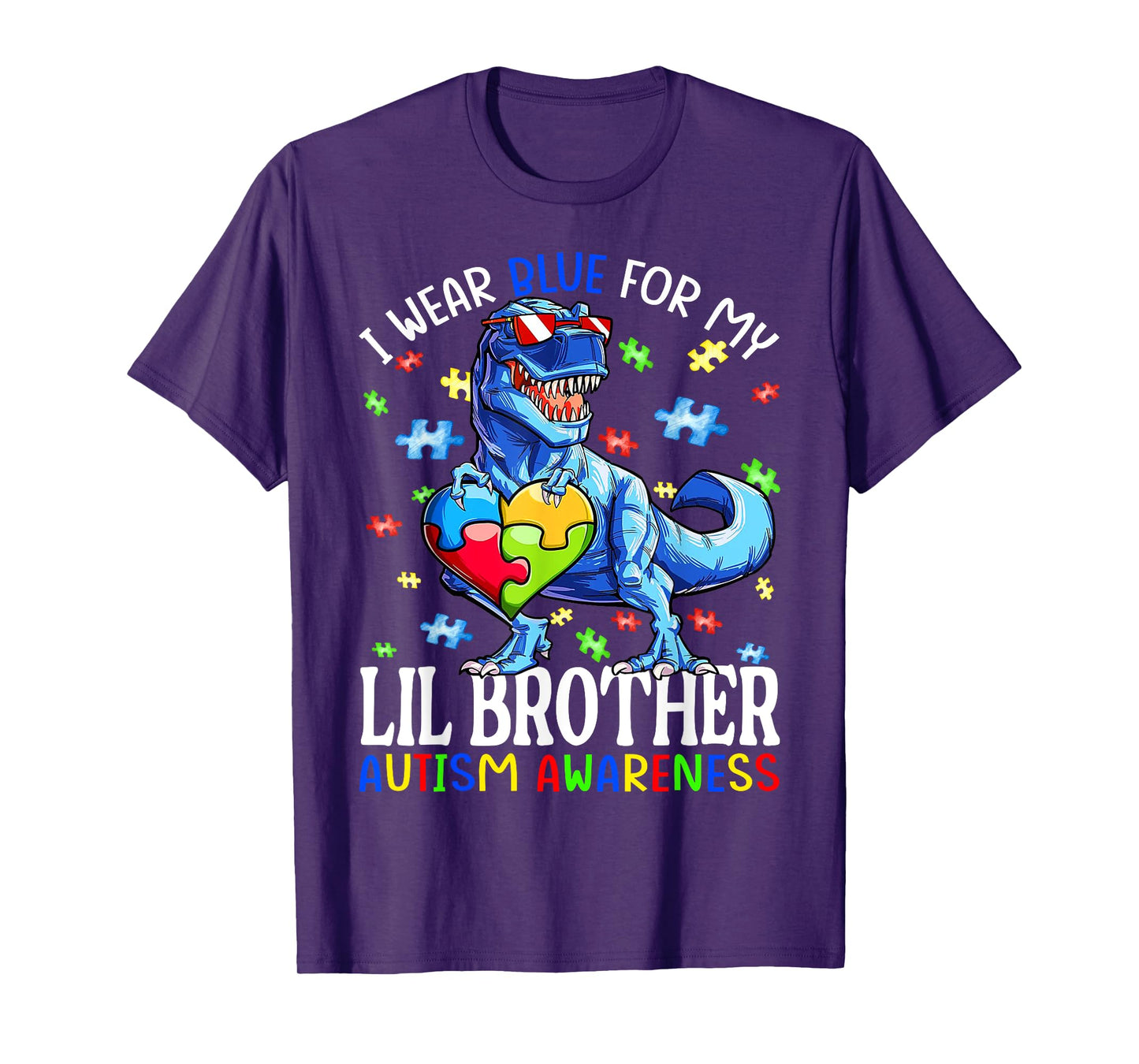 I Wear Blue For My Lil Brother Autism Awareness Dinosaur T-Shirt